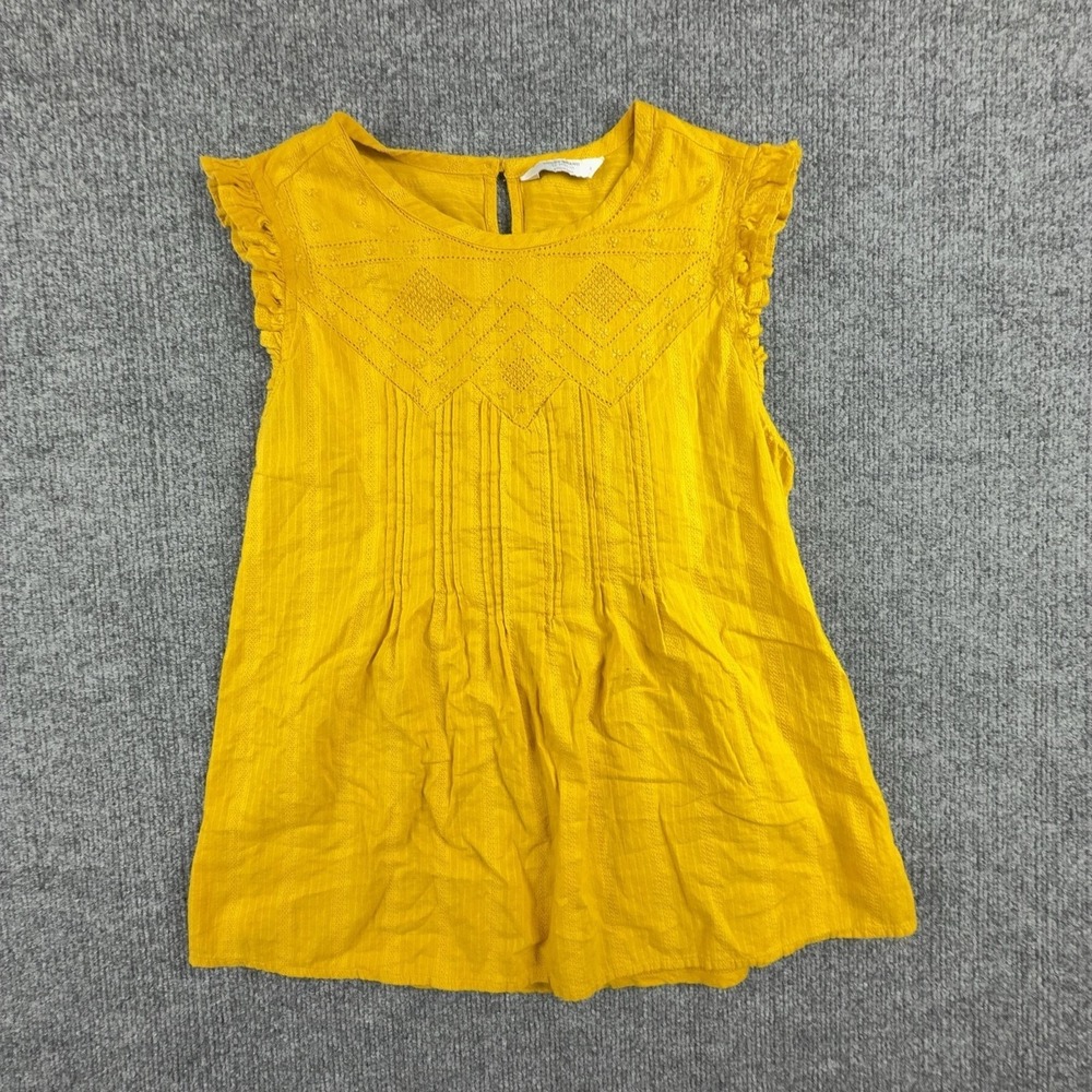 Lucky Brand Blouse Womens Small Yellow Embroidered Flutter‎ Sleeve Ruffle Top